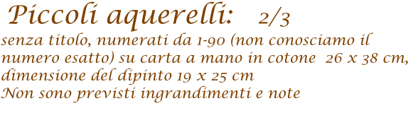 Piccoli aquerelli:   2/3   senza titolo, numerati da 1-90 (non conosciamo il numero esatto) su carta a mano in cotone  26 x 38 cm,   dimensione del dipinto 19 x 25 cm  Non sono previsti ingrandimenti e note