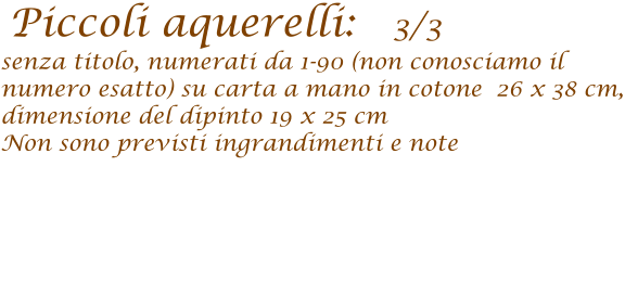 Piccoli aquerelli:   3/3   senza titolo, numerati da 1-90 (non conosciamo il numero esatto) su carta a mano in cotone  26 x 38 cm,   dimensione del dipinto 19 x 25 cm  Non sono previsti ingrandimenti e note